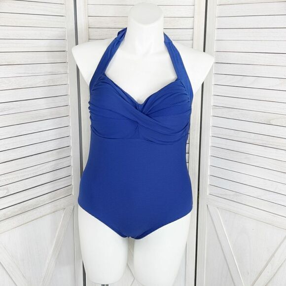 Ibiza Ribbed Halter One Piece Swimsuit Royal Blue Plus Size 1X - Picture 12 of 12